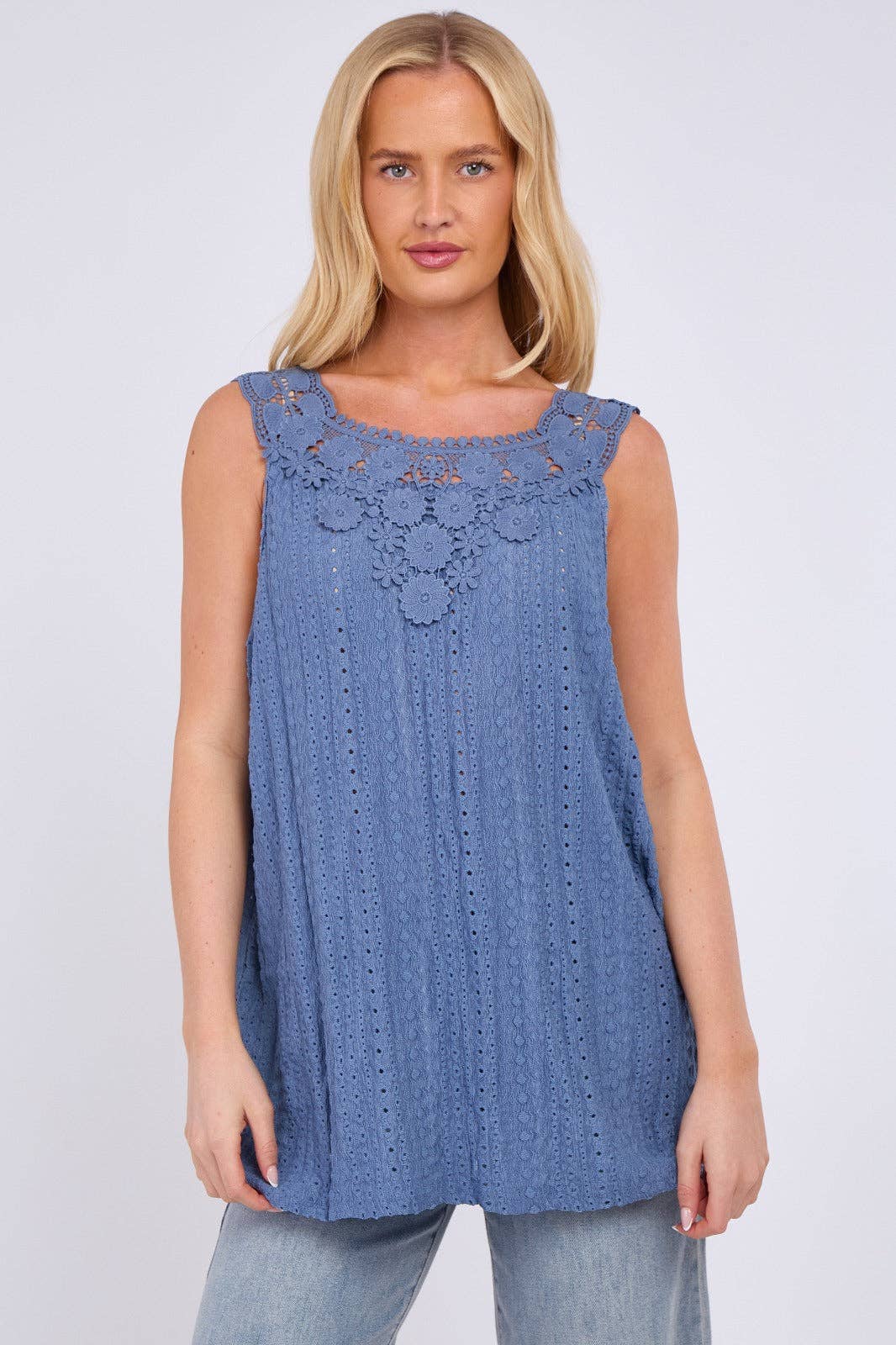 Embroidered Crochet Wide Lace Strap Vest Ladies Top: Sage / One Size To Fit UK 14 to 20