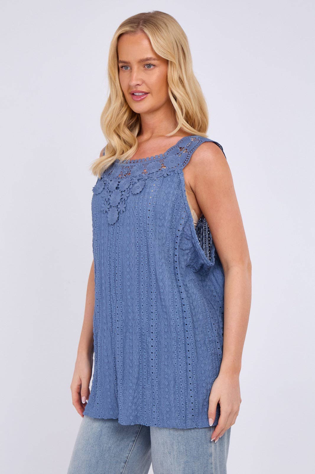 Embroidered Crochet Wide Lace Strap Vest Ladies Top: Sage / One Size To Fit UK 14 to 20