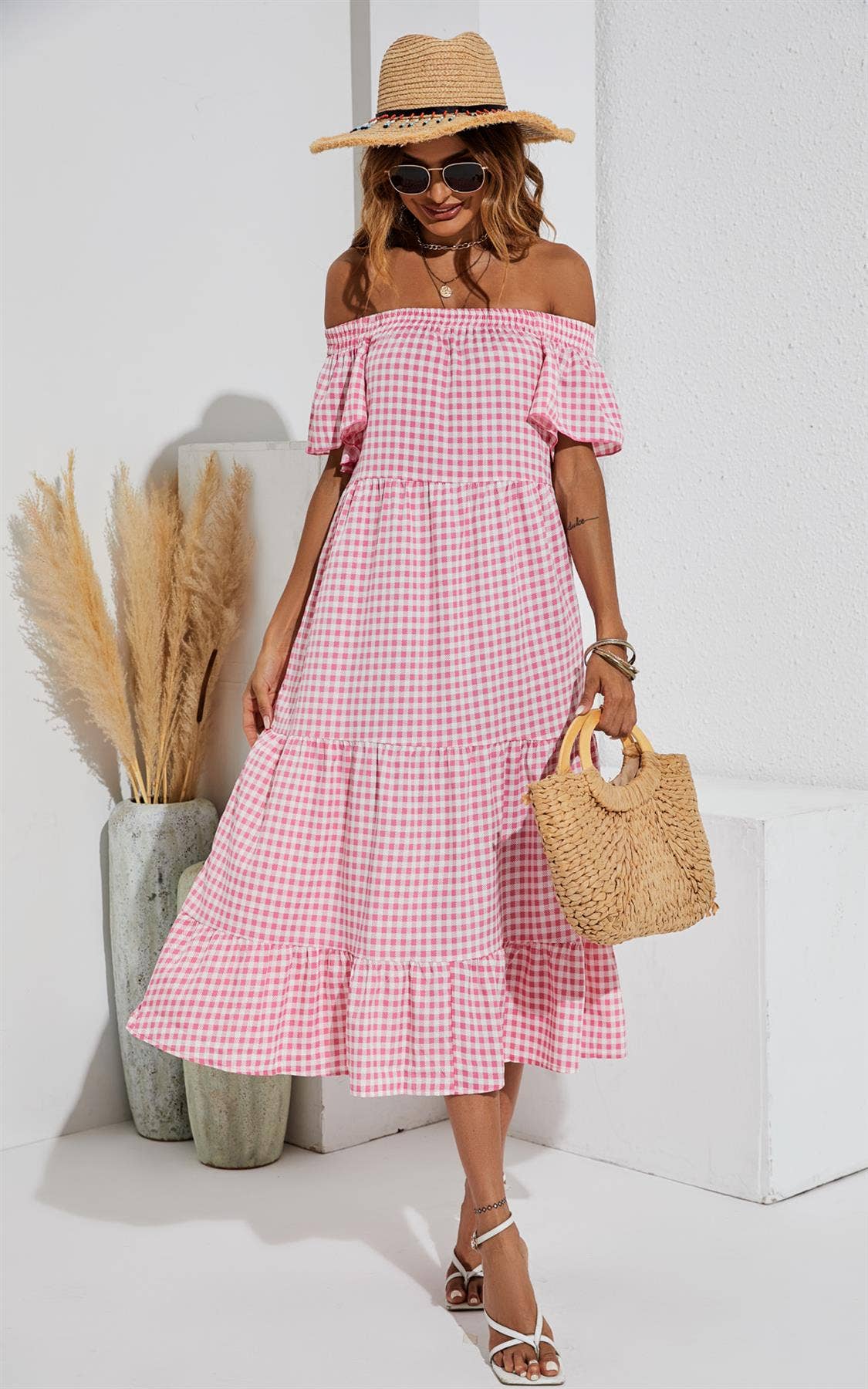 FS Collection - Off Shoulder Bardot Frill Midi Dress In Pink: 10-12