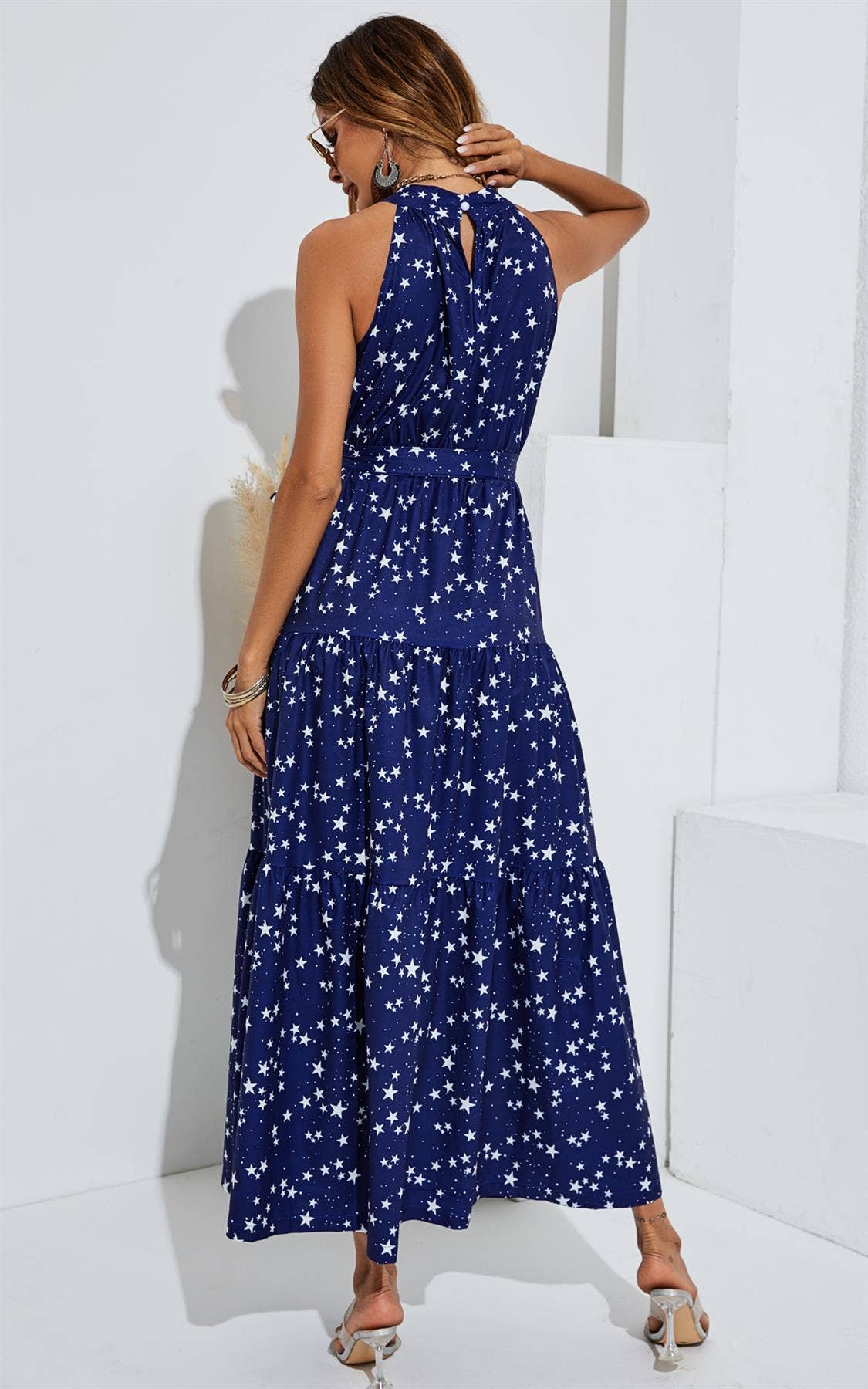 FS Collection - Night Sky Halter Neck Maxi Layer Dress In Navy & White Little Star: 12-14