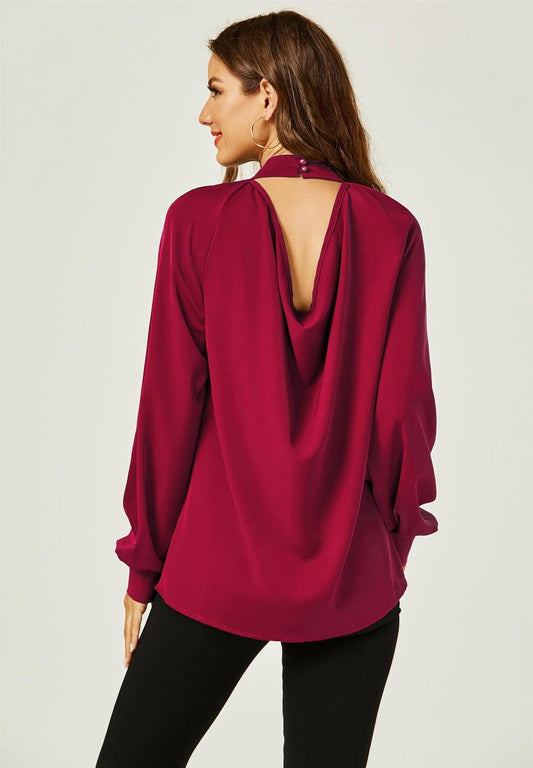 FS Collection - Halter Neck Long Sleeve Blouse Top In Wine Red: M