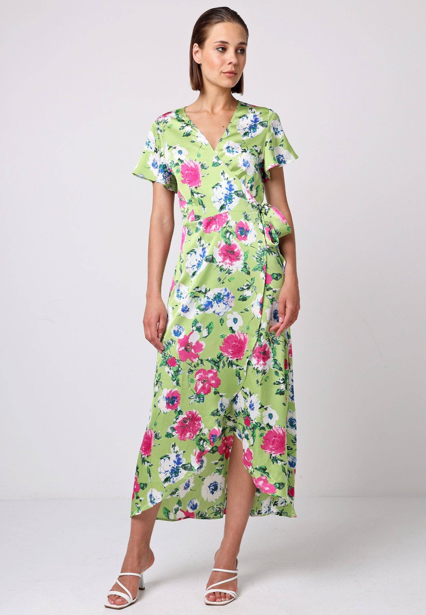 ANGELEYE - Angel Sleeve Tie Wrap Dress in Green Floral Print: L