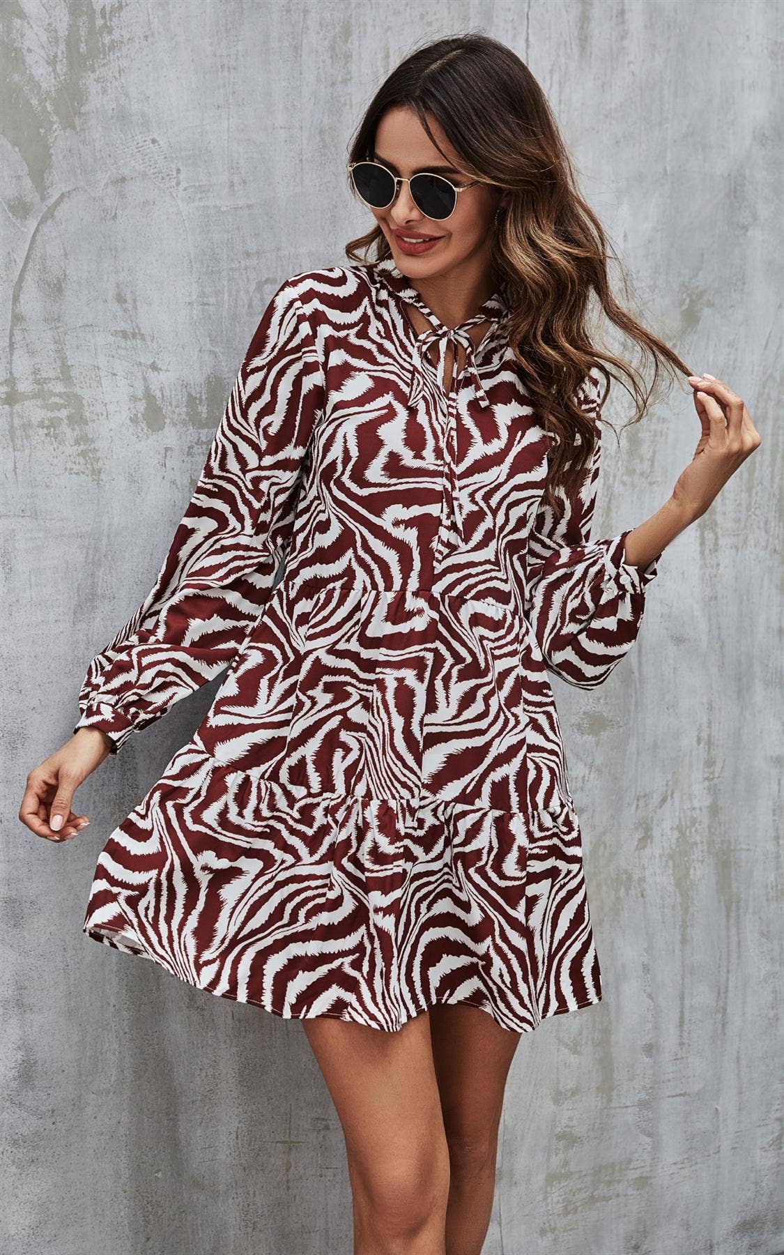 FS Collection - Zebra Print Long Sleeve Smock Dress In White: M/L