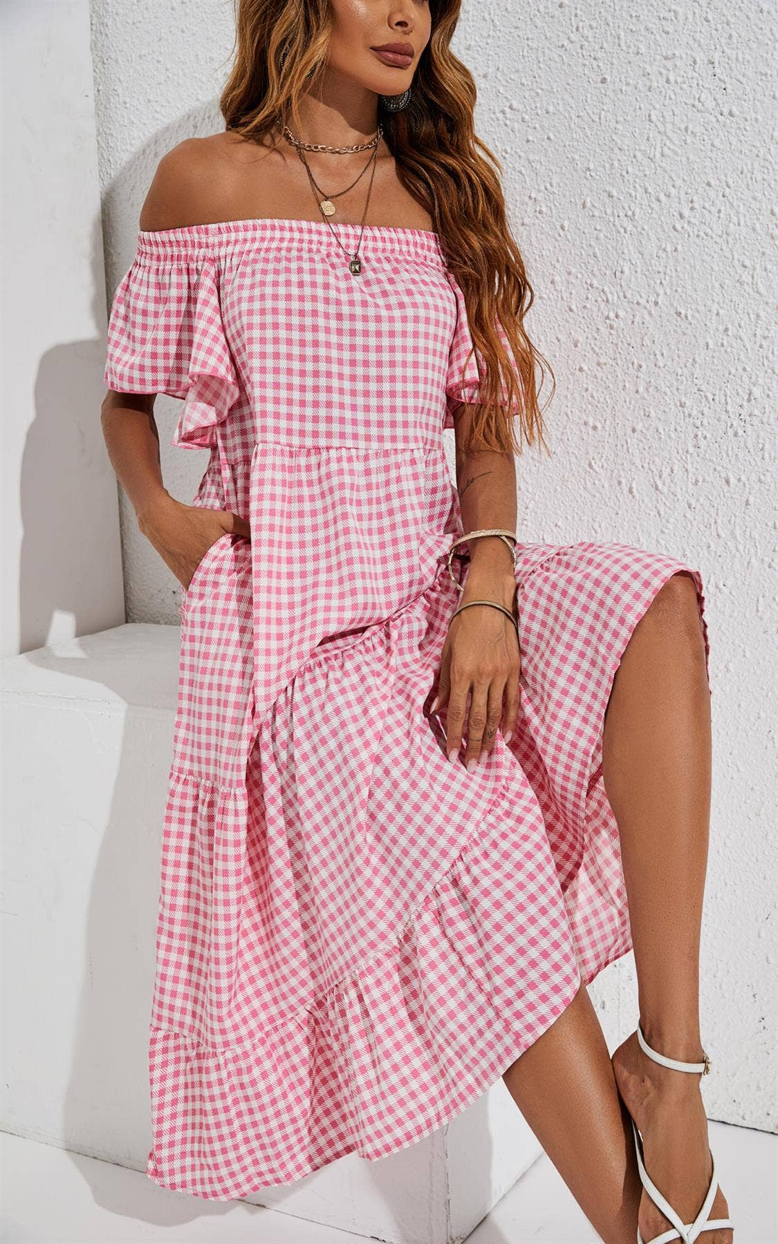 FS Collection - Off Shoulder Bardot Frill Midi Dress In Pink: 10-12