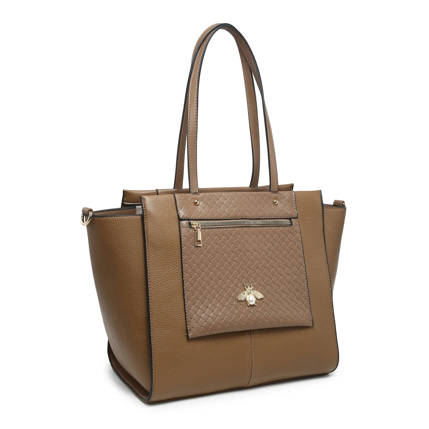 Bee Badge Zipped Pockets Top Zipped Tote Handbag: Brown