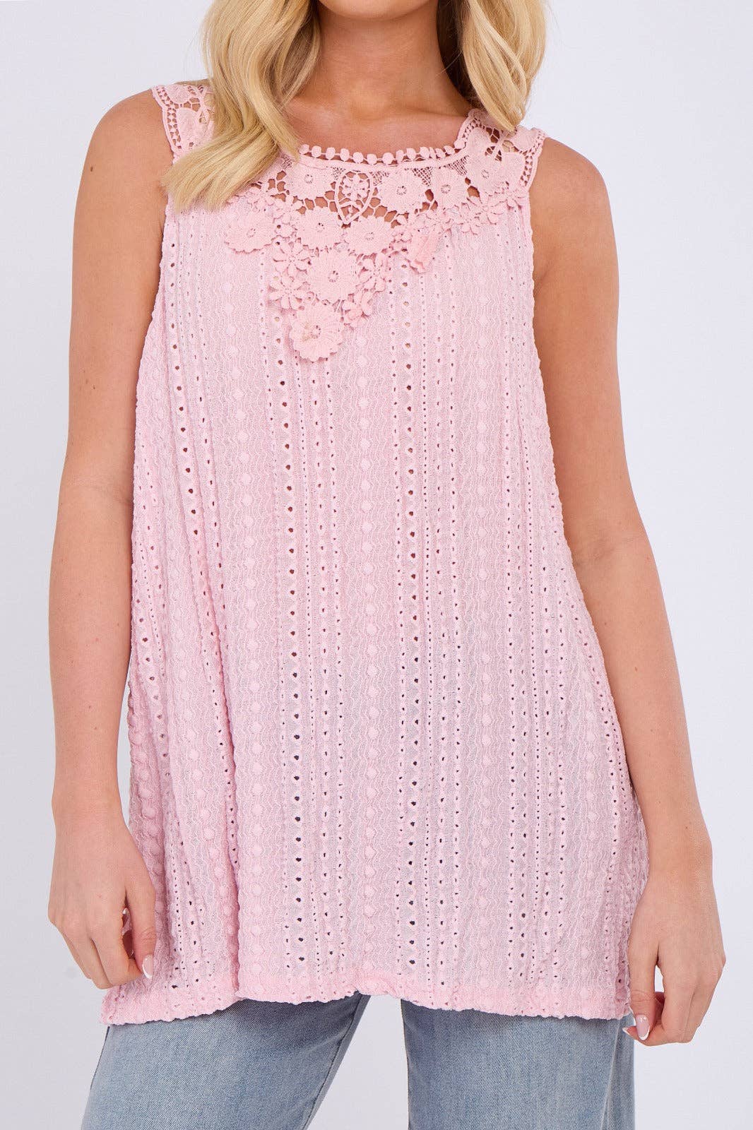 Embroidered Crochet Wide Lace Strap Vest Ladies Top: Sage / One Size To Fit UK 14 to 20