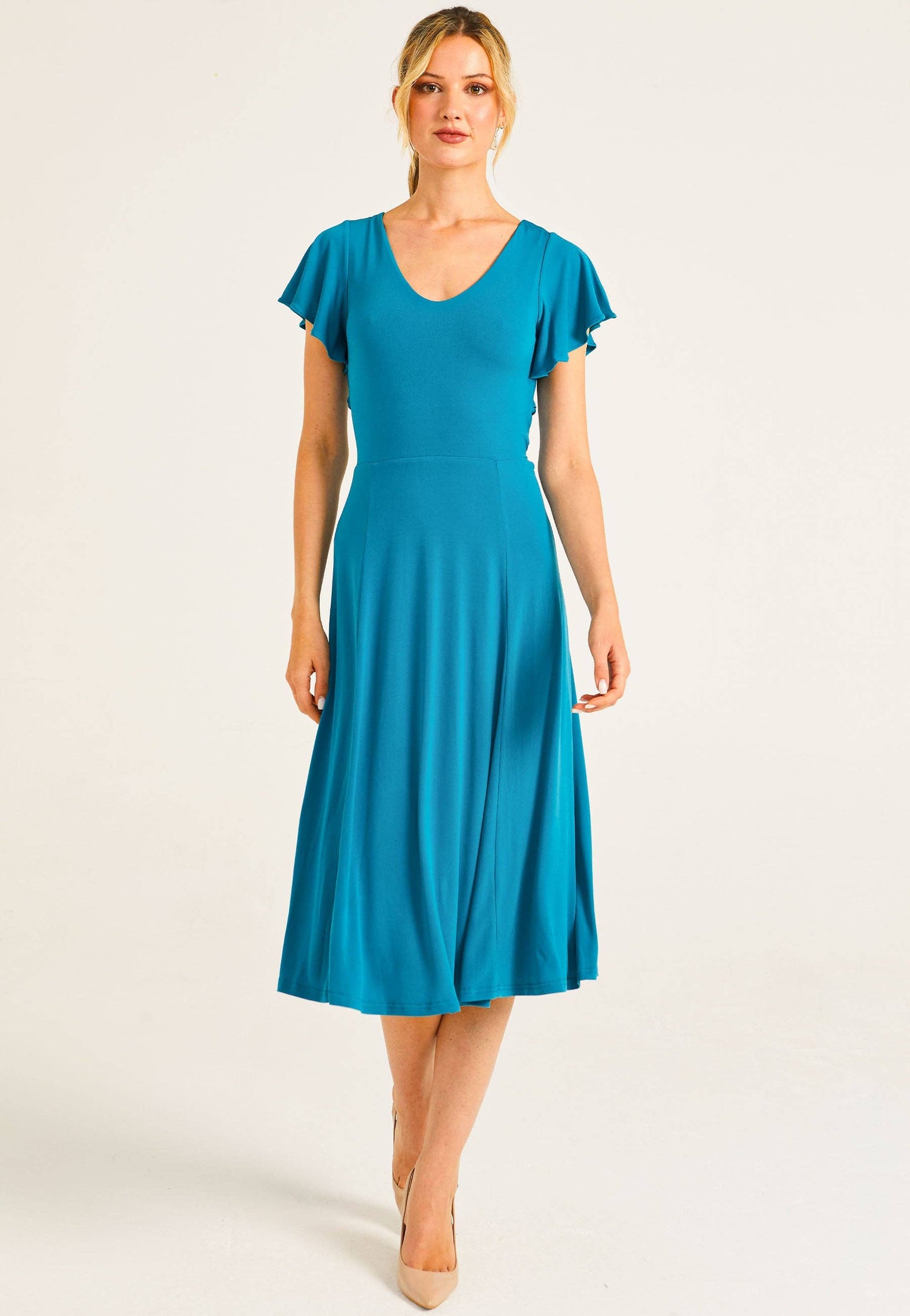 ANGELEYE - Reversible Midi Dress With Flutter Sleeves & Waist Tie In Teal: L