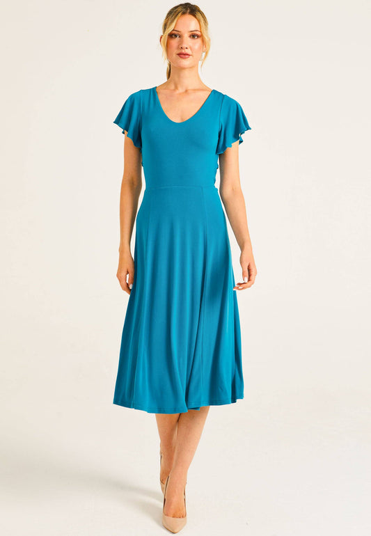 ANGELEYE - Reversible Midi Dress With Flutter Sleeves & Waist Tie In Teal: L