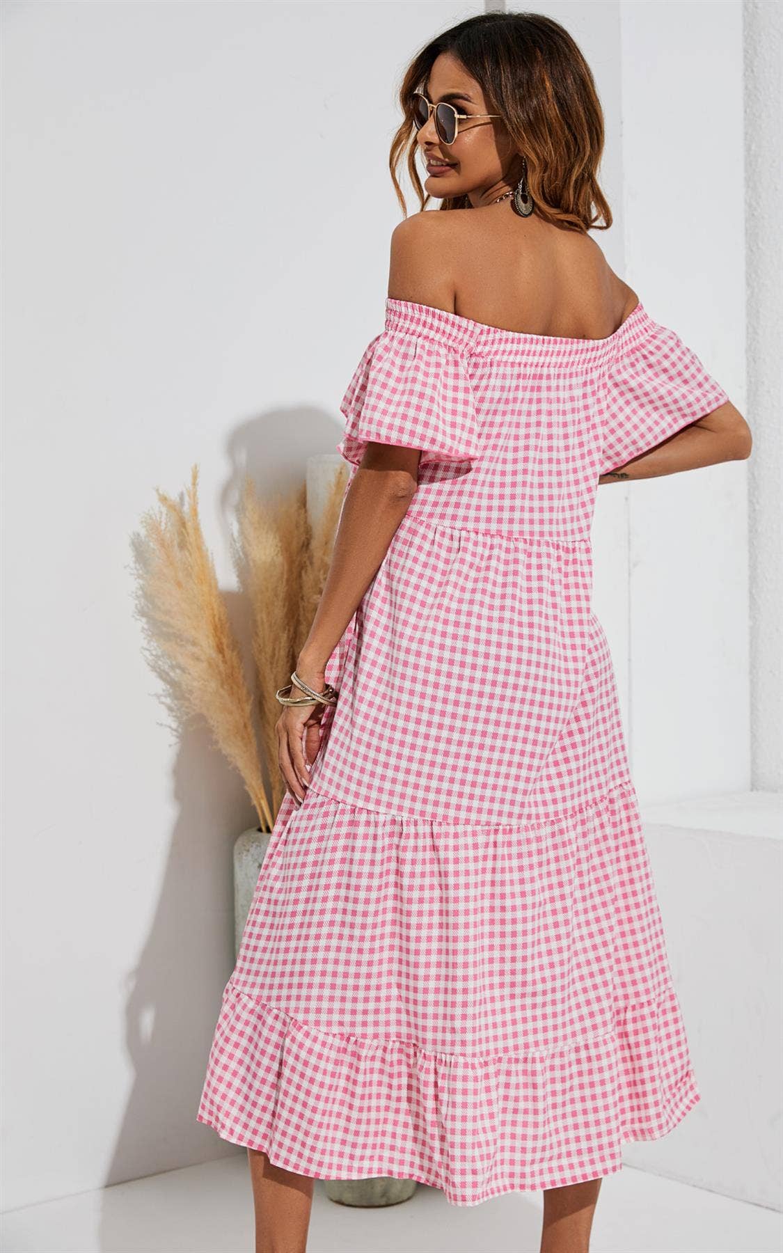 FS Collection - Off Shoulder Bardot Frill Midi Dress In Pink: 10-12