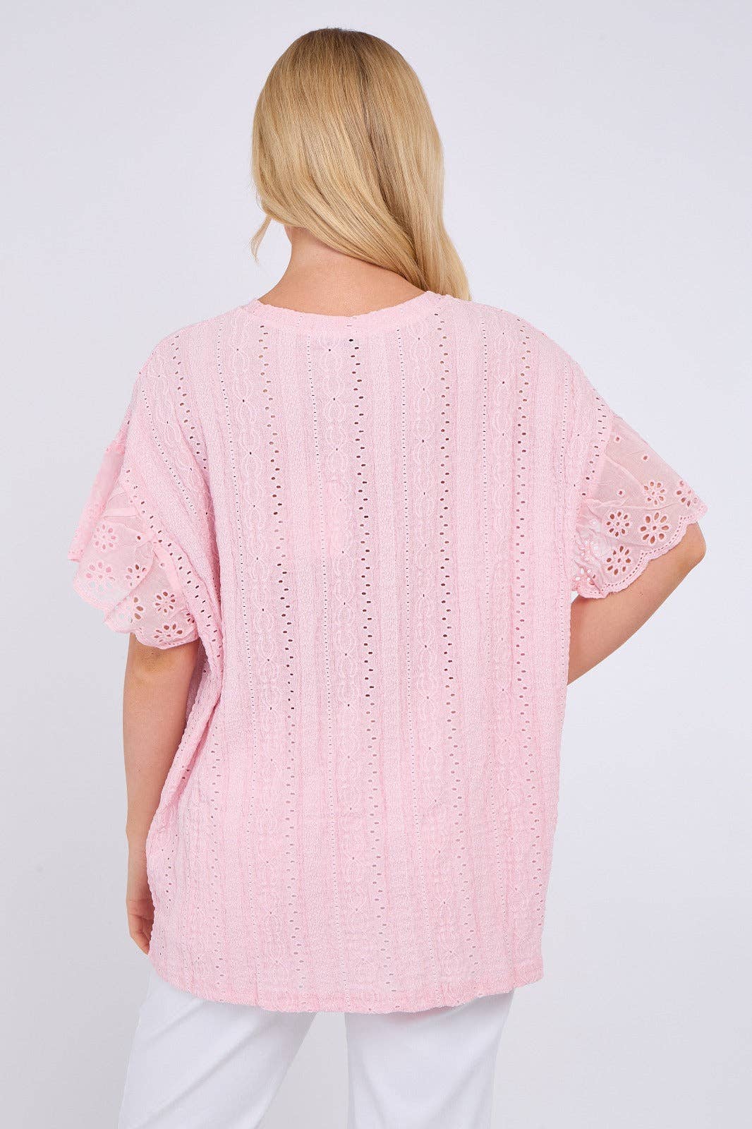 Crochet Embroidered Frill Sleeve Stretchable Top: Beige / One Size To Fit UK 12 to 18