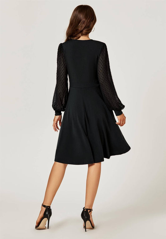 FS Collection - Long Chiffon Sleeve Pleated Midi Dress In Black: L