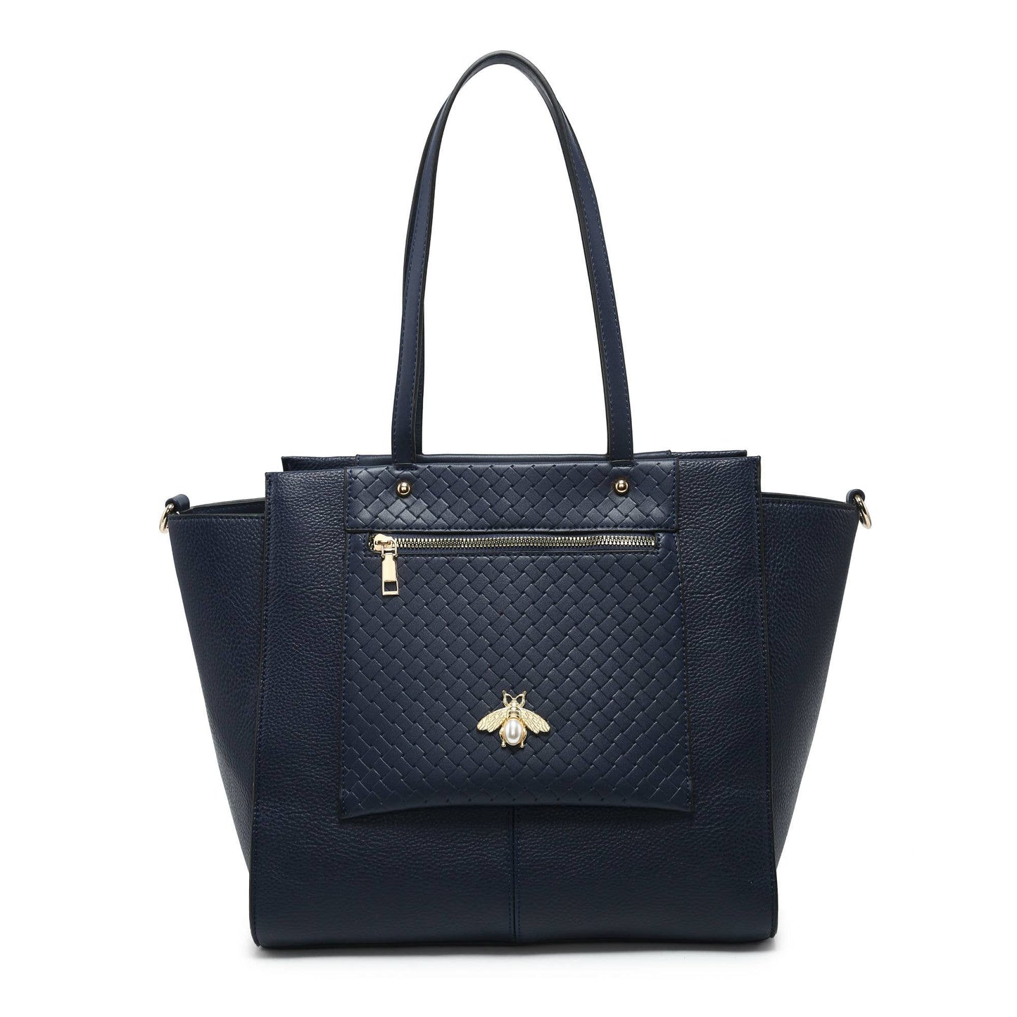 Bee Badge Zipped Pockets Top Zipped Tote Handbag: Brown