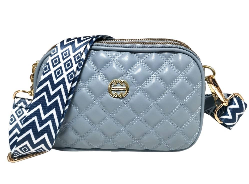 Superbia - 3 Zip Quilted Soft Cross Body Bag Shoulder Bag-3009-1: Blue +Strap