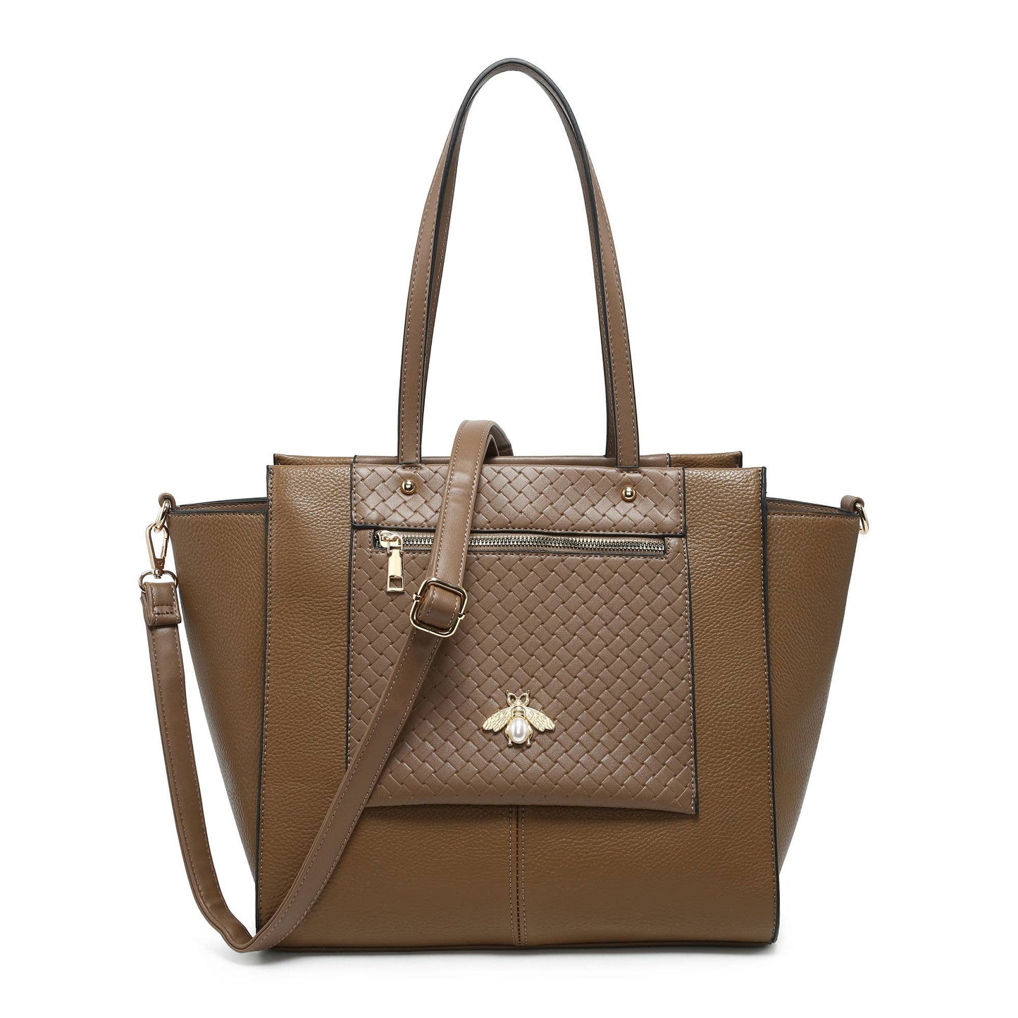 Bee Badge Zipped Pockets Top Zipped Tote Handbag: Brown