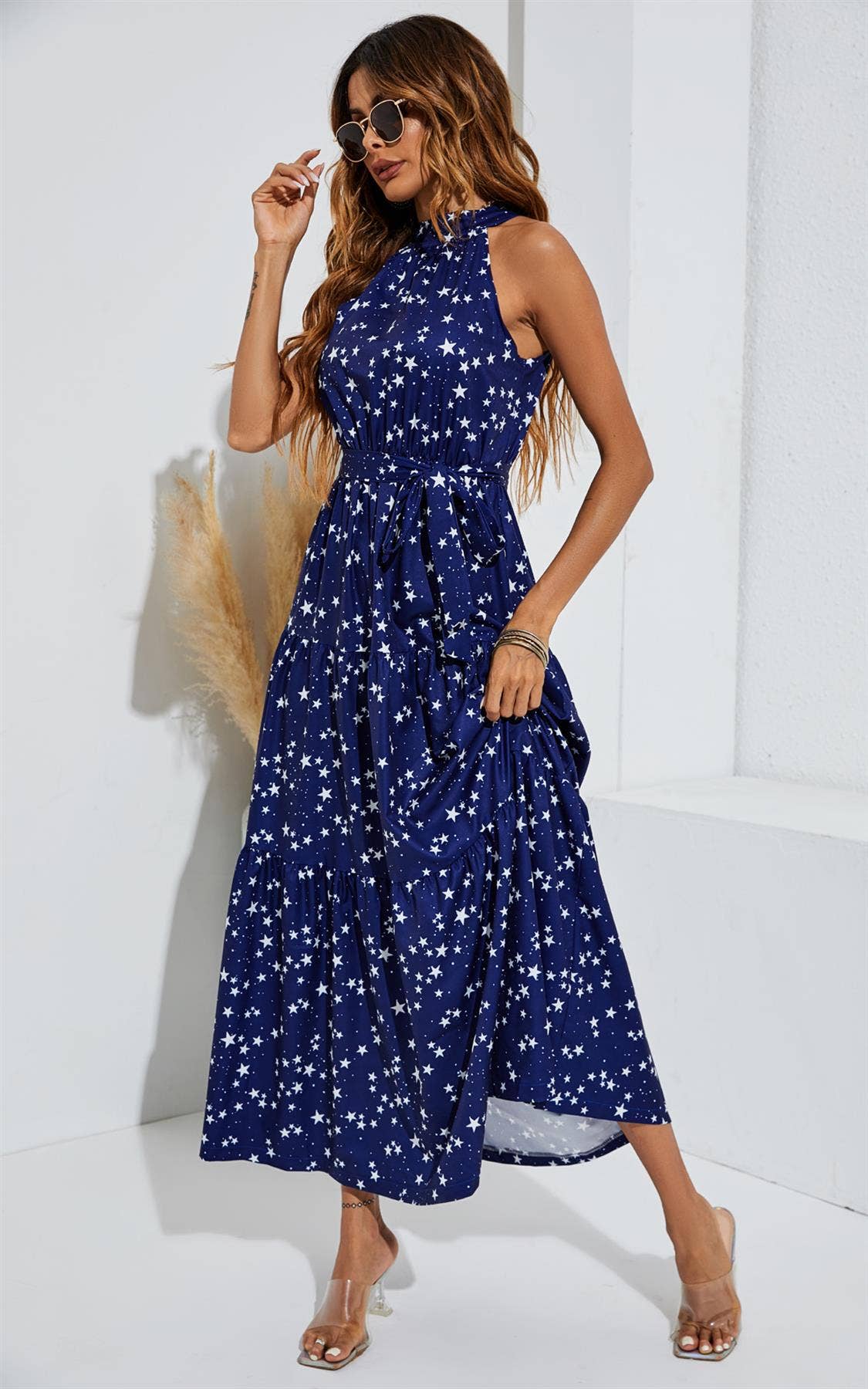 FS Collection - Night Sky Halter Neck Maxi Layer Dress In Navy & White Little Star: 12-14