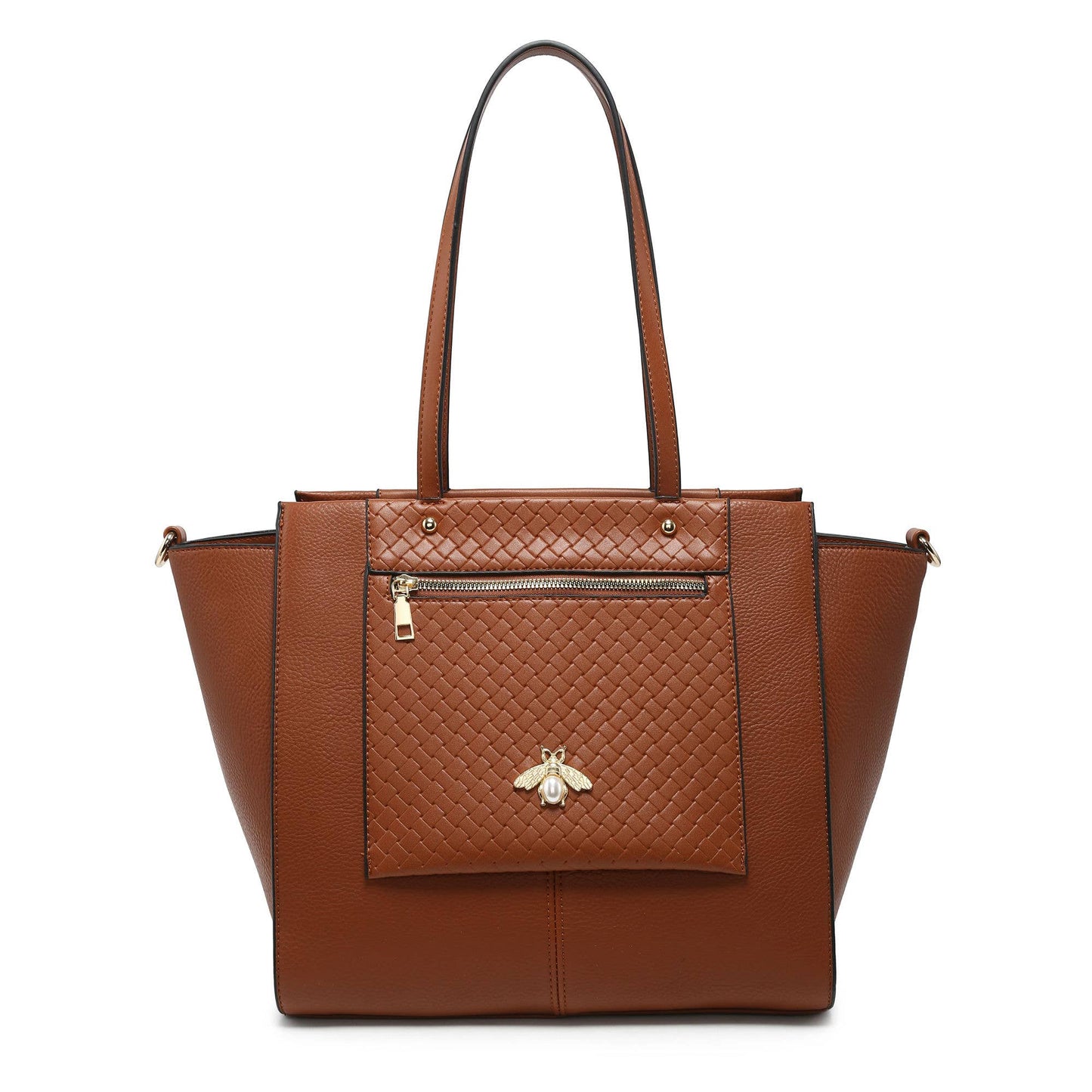 Bee Badge Zipped Pockets Top Zipped Tote Handbag: Brown