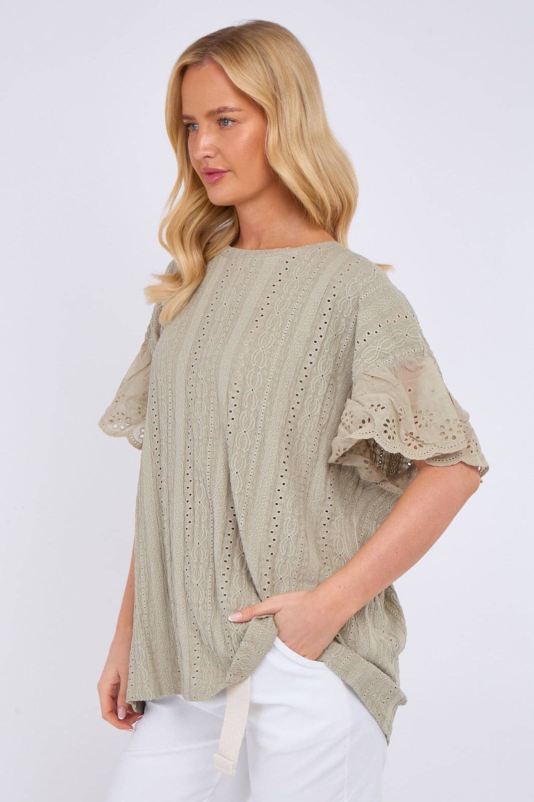 Crochet Embroidered Frill Sleeve Stretchable Top: Beige / One Size To Fit UK 12 to 18