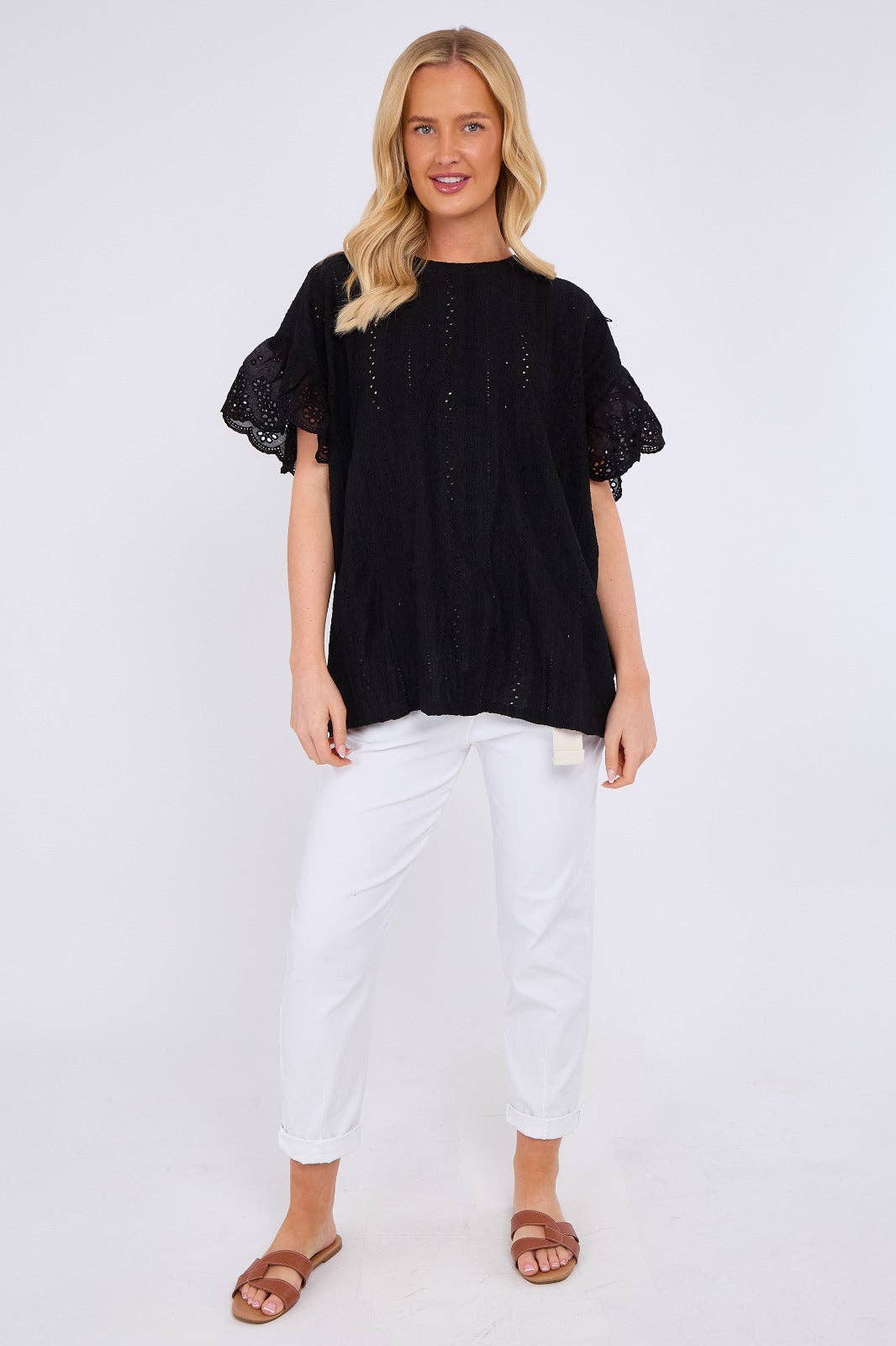 Crochet Embroidered Frill Sleeve Stretchable Top: Beige / One Size To Fit UK 12 to 18