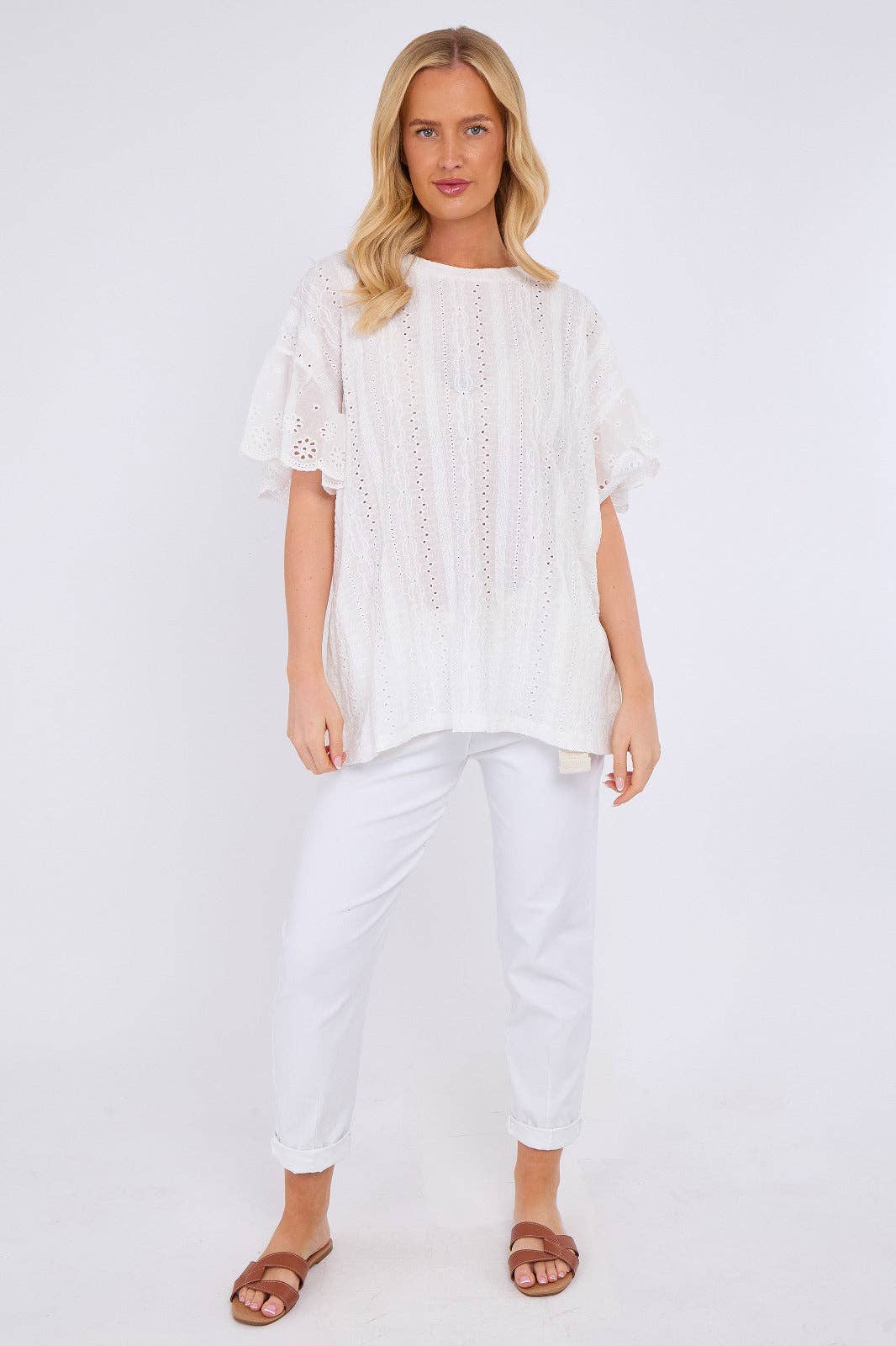 Crochet Embroidered Frill Sleeve Stretchable Top: Beige / One Size To Fit UK 12 to 18