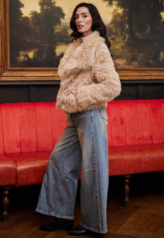 ANGELEYE - Faux Fur Glittery Short Coat In Beige: M