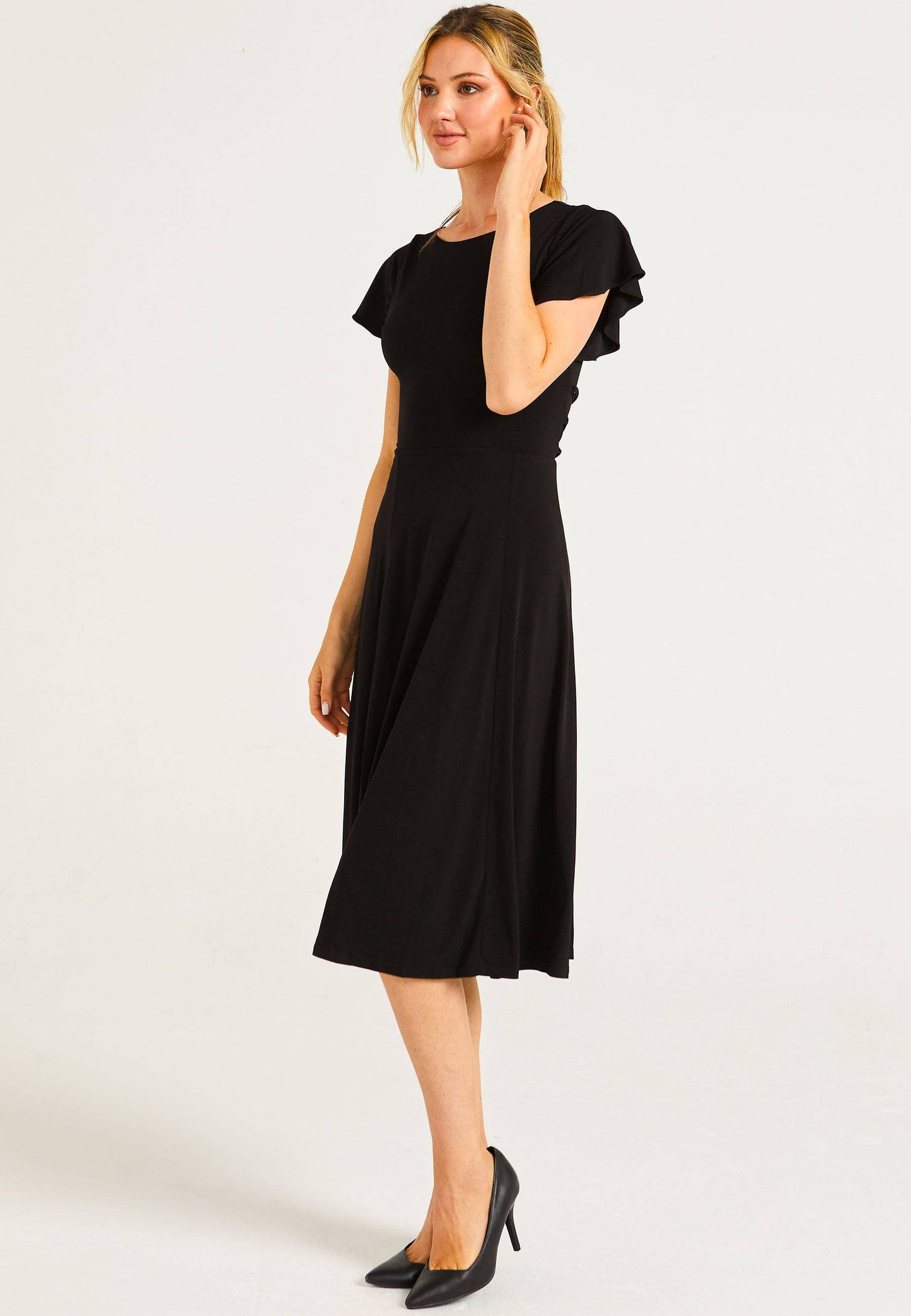 ANGELEYE - Reversible Midi Dress With Flutter Sleeves & Waist Tie In Black: M