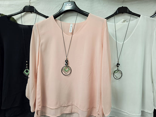 Kurt Muller - Donna V Neck Tiered Hem Necklace Blouse: Pink