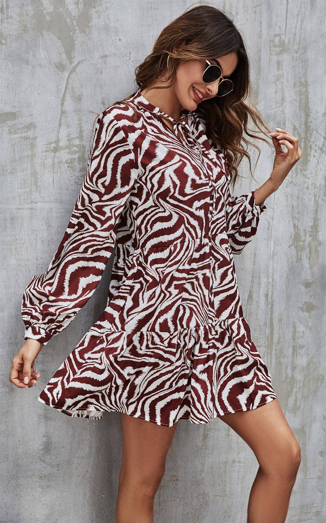 FS Collection - Zebra Print Long Sleeve Smock Dress In White: M/L