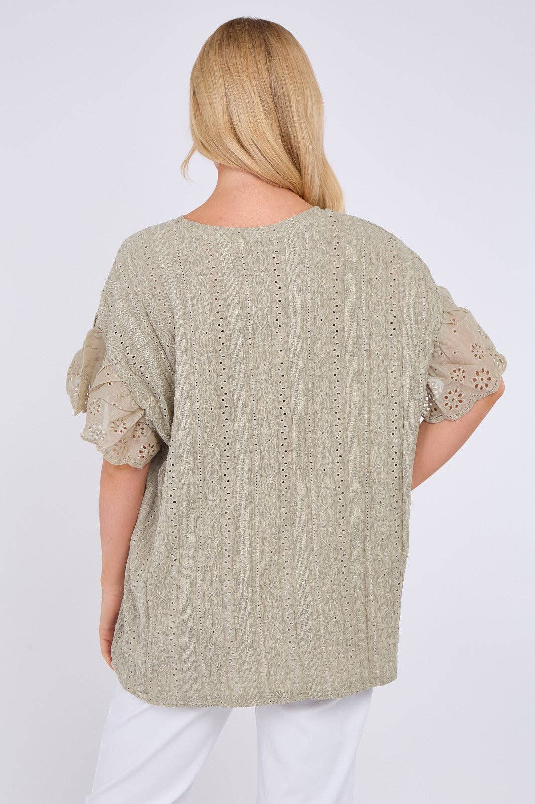 Crochet Embroidered Frill Sleeve Stretchable Top: Beige / One Size To Fit UK 12 to 18