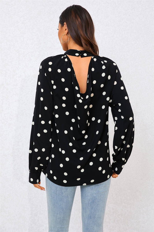 FS Collection - Black Dot Print Halter Neck Blouse Top In Black: Black / M