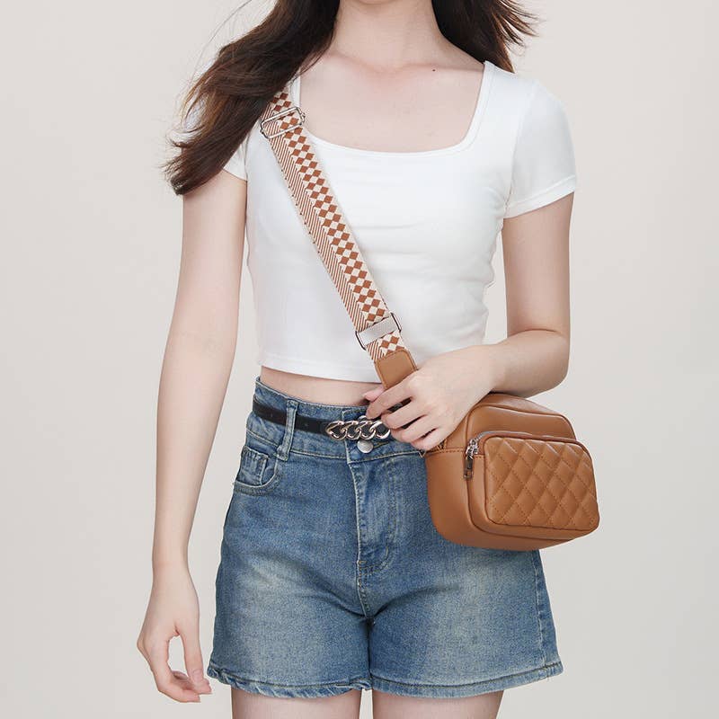 Superbia - Small Double Zipper Quilted Cross Body Shoulder Canvas Strap: Beige