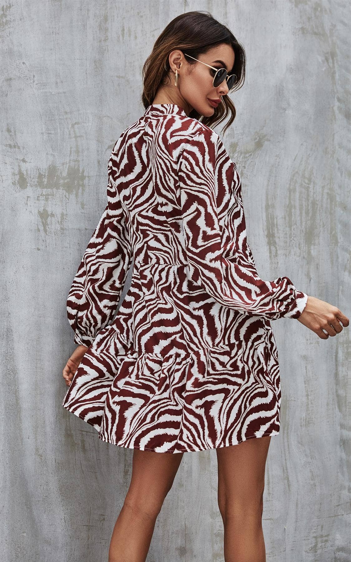 FS Collection - Zebra Print Long Sleeve Smock Dress In White: M/L
