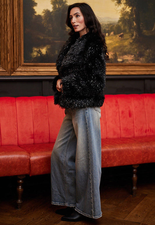 ANGELEYE - Faux Fur Glittery Short Coat In Black: M