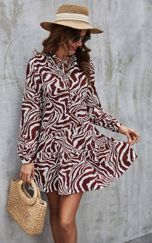 FS Collection - Zebra Print Long Sleeve Smock Dress In White: M/L