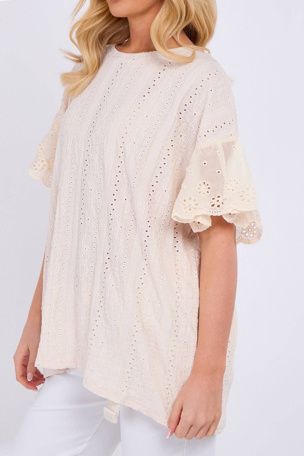 Crochet Embroidered Frill Sleeve Stretchable Top: Beige / One Size To Fit UK 12 to 18