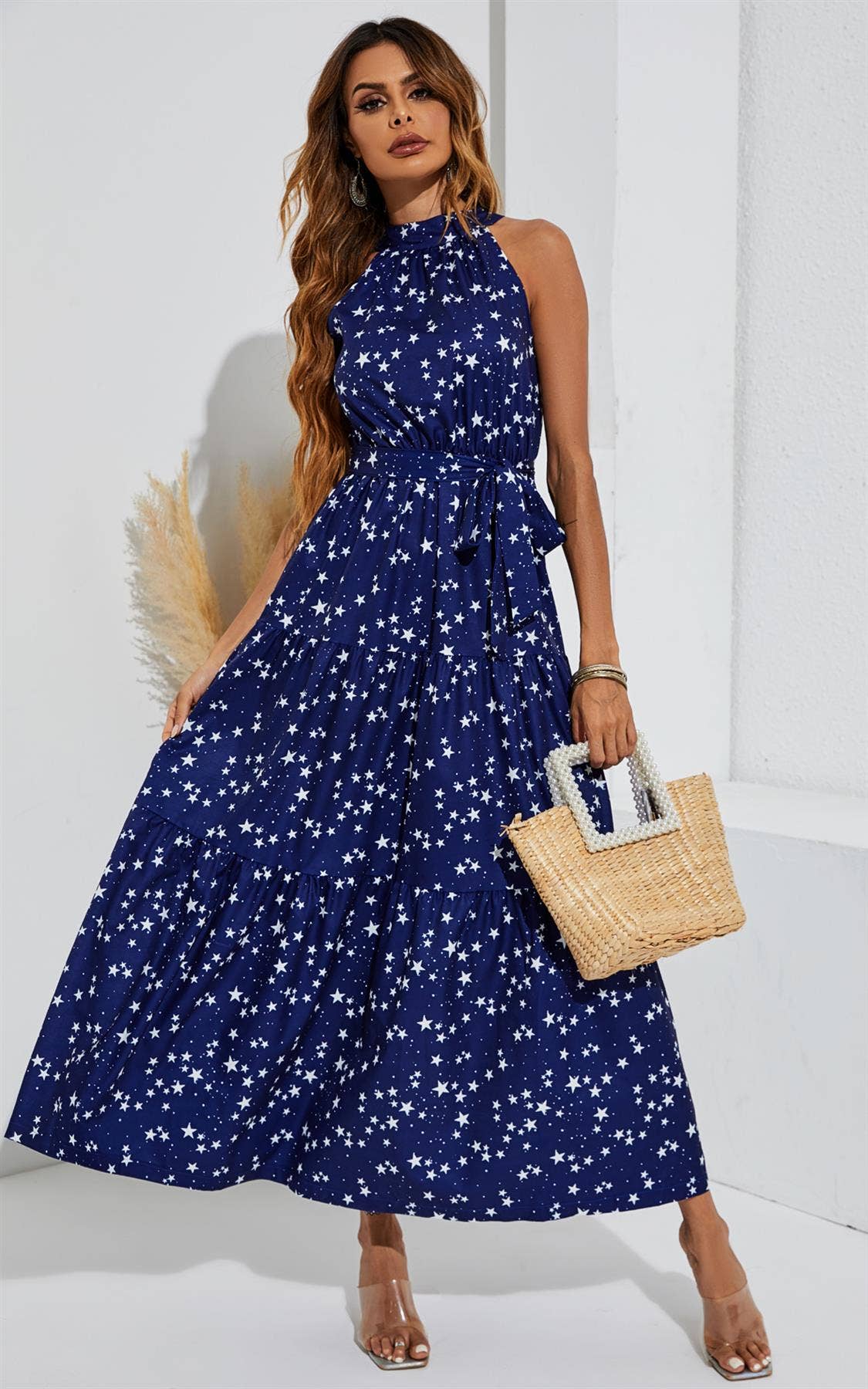 FS Collection - Night Sky Halter Neck Maxi Layer Dress In Navy & White Little Star: 12-14