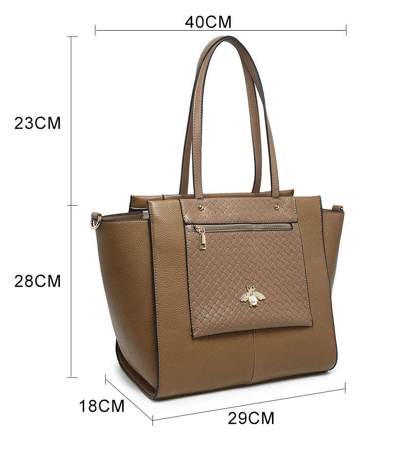 Bee Badge Zipped Pockets Top Zipped Tote Handbag: Brown