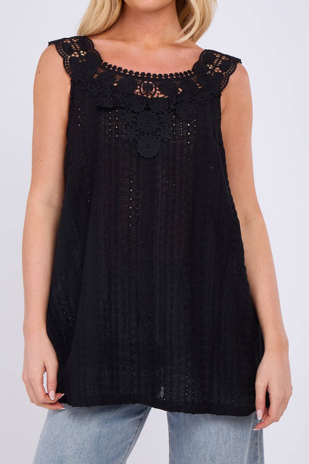 Embroidered Crochet Wide Lace Strap Vest Ladies Top: Sage / One Size To Fit UK 14 to 20