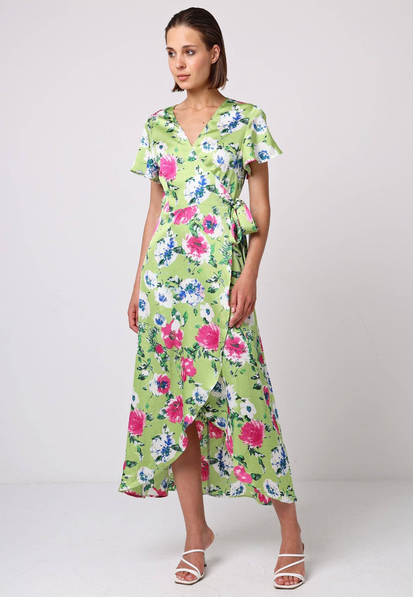 ANGELEYE - Angel Sleeve Tie Wrap Dress in Green Floral Print: L