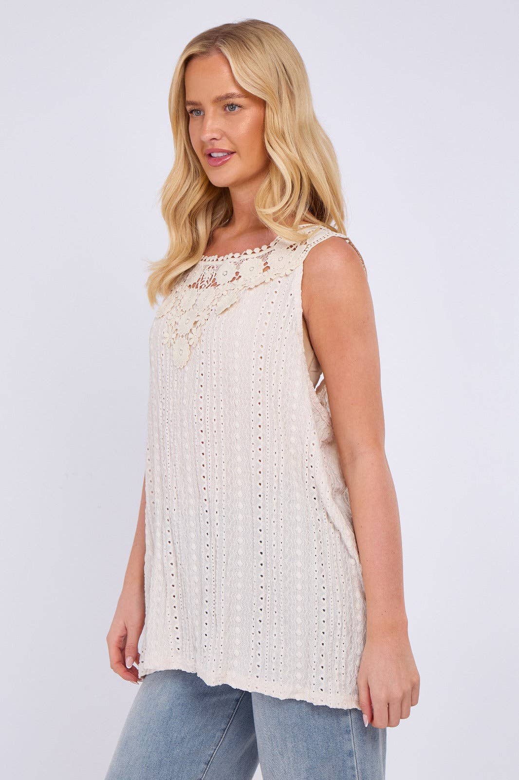 Embroidered Crochet Wide Lace Strap Vest Ladies Top: Sage / One Size To Fit UK 14 to 20
