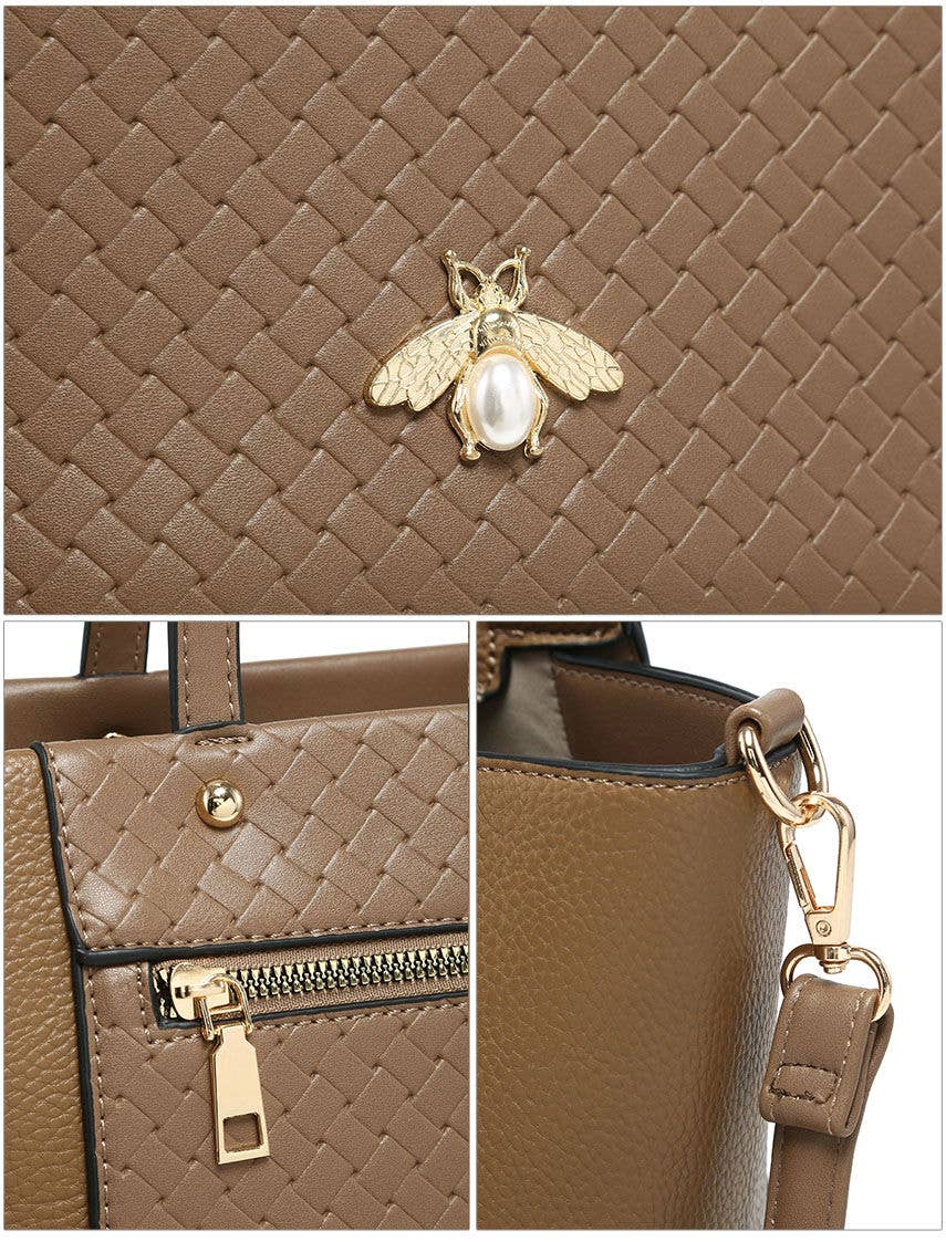 Bee Badge Zipped Pockets Top Zipped Tote Handbag: Brown