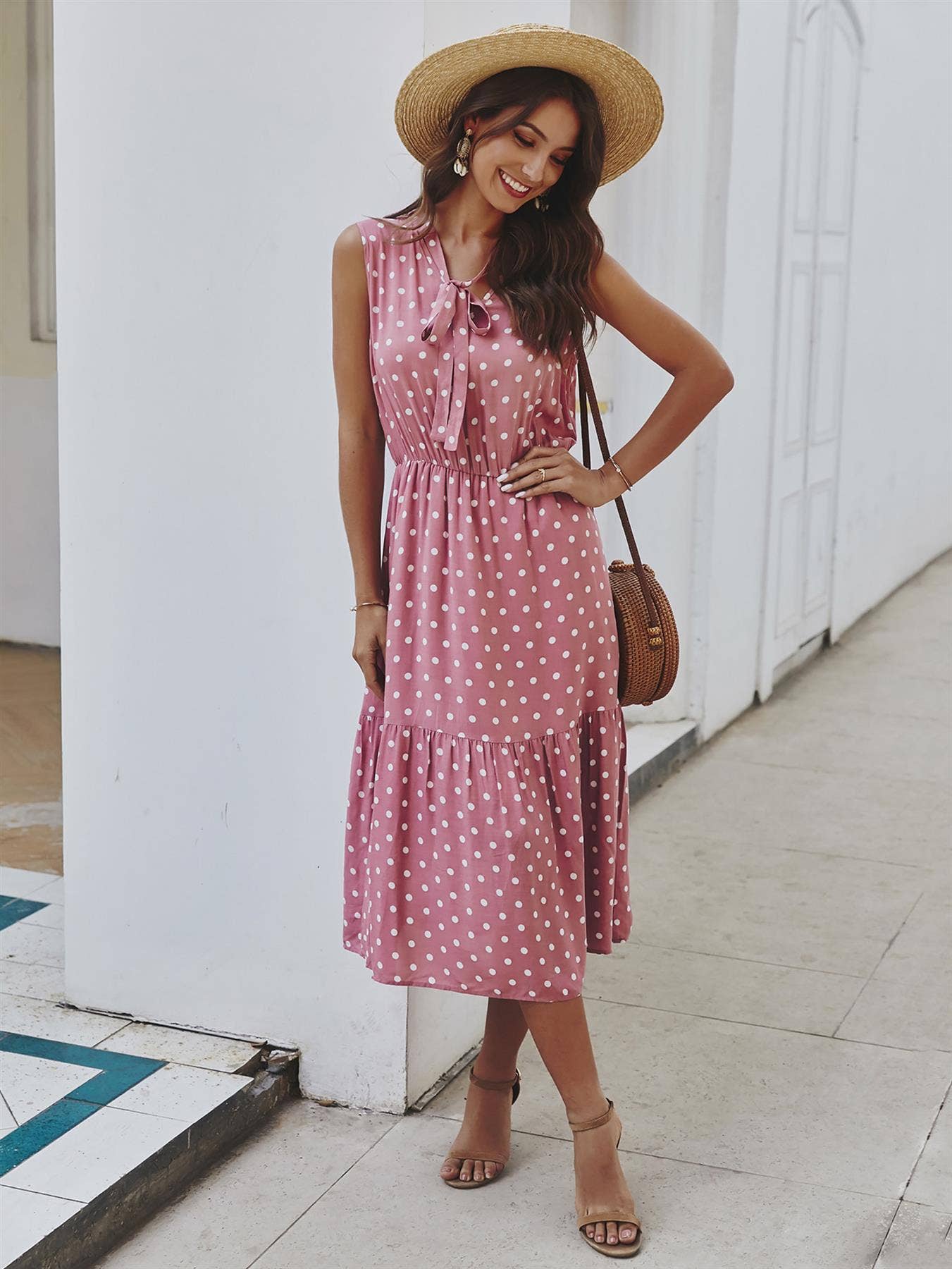 FS Collection - Tiered Midi Dress In Pink Polka Dot: 14