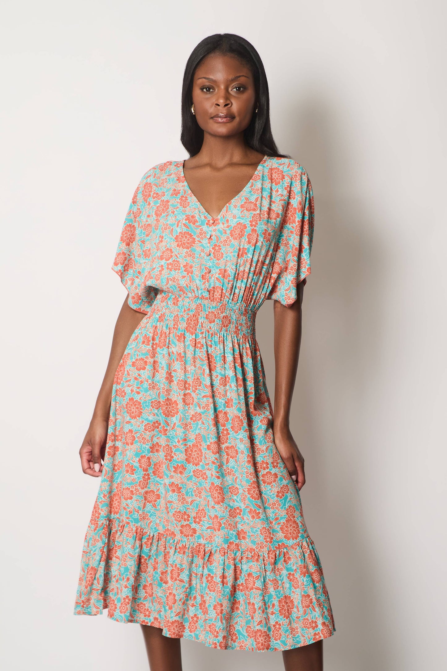 SOLO - Floral Print Midi Dress with Flutter Sleeves - Orange: 16