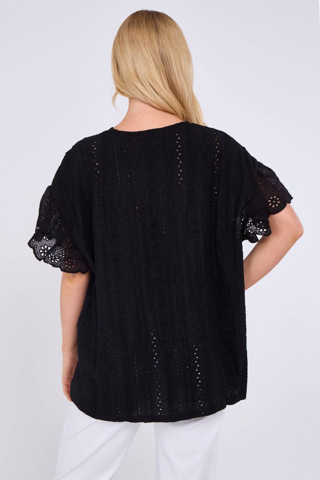 Crochet Embroidered Frill Sleeve Stretchable Top: Beige / One Size To Fit UK 12 to 18