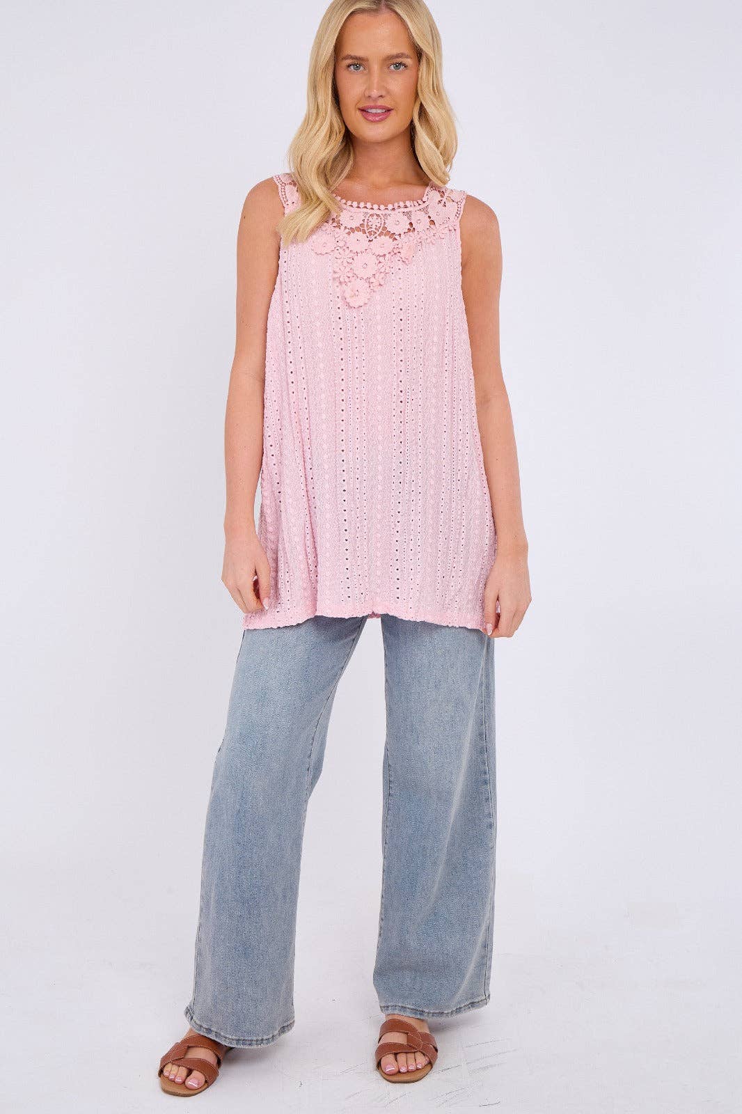 Embroidered Crochet Wide Lace Strap Vest Ladies Top: Sage / One Size To Fit UK 14 to 20