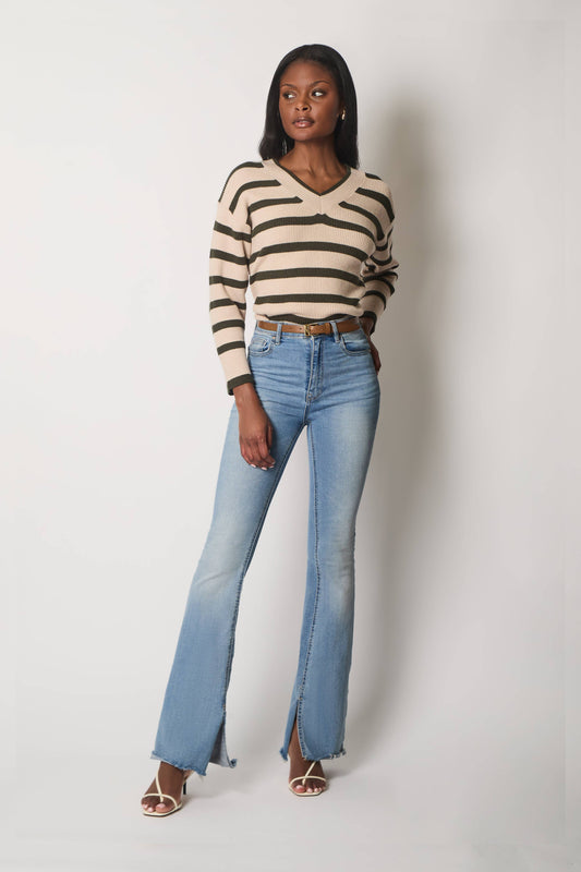 SOLO - V Neck Striped Jumper - Khaki: 12