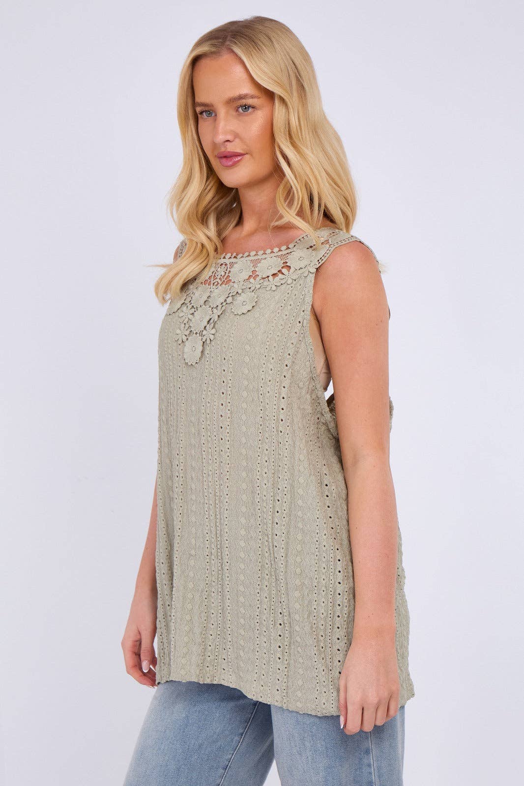 Embroidered Crochet Wide Lace Strap Vest Ladies Top: Sage / One Size To Fit UK 14 to 20