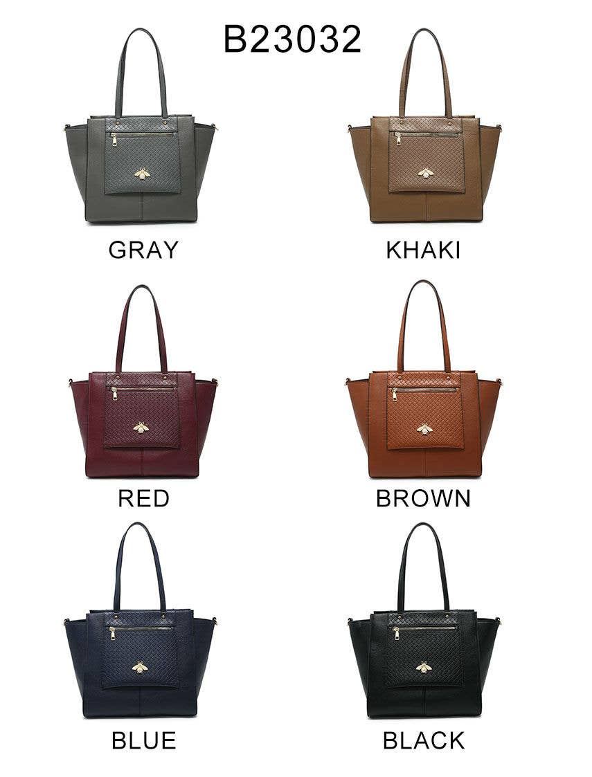 Bee Badge Zipped Pockets Top Zipped Tote Handbag: Brown
