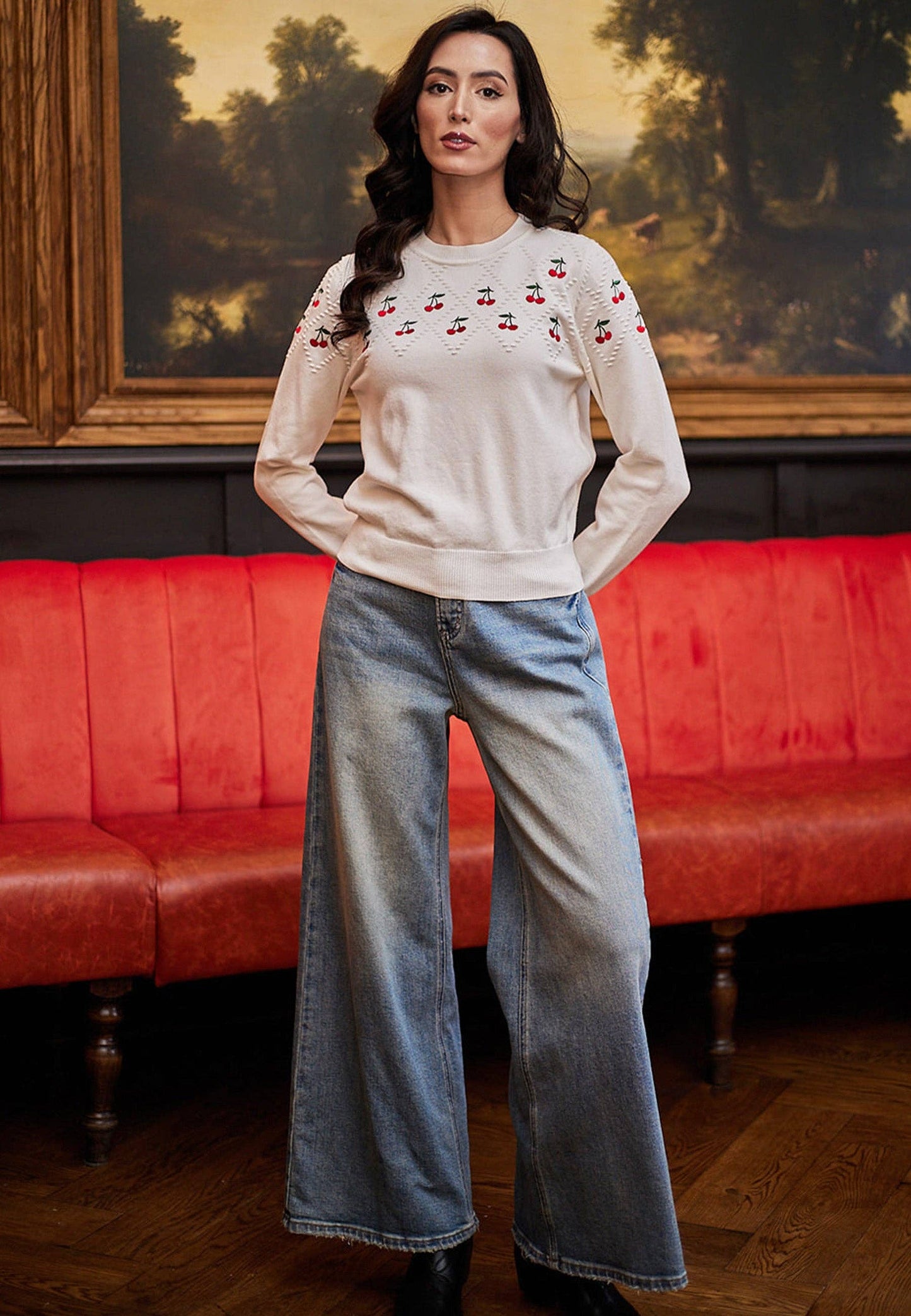 ANGELEYE - White Jumper With Cherry Embroidered Detail: M