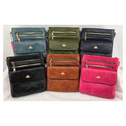 Double Zipper Multi Pocket Bee Details Cross BodyBag-9133: Blue