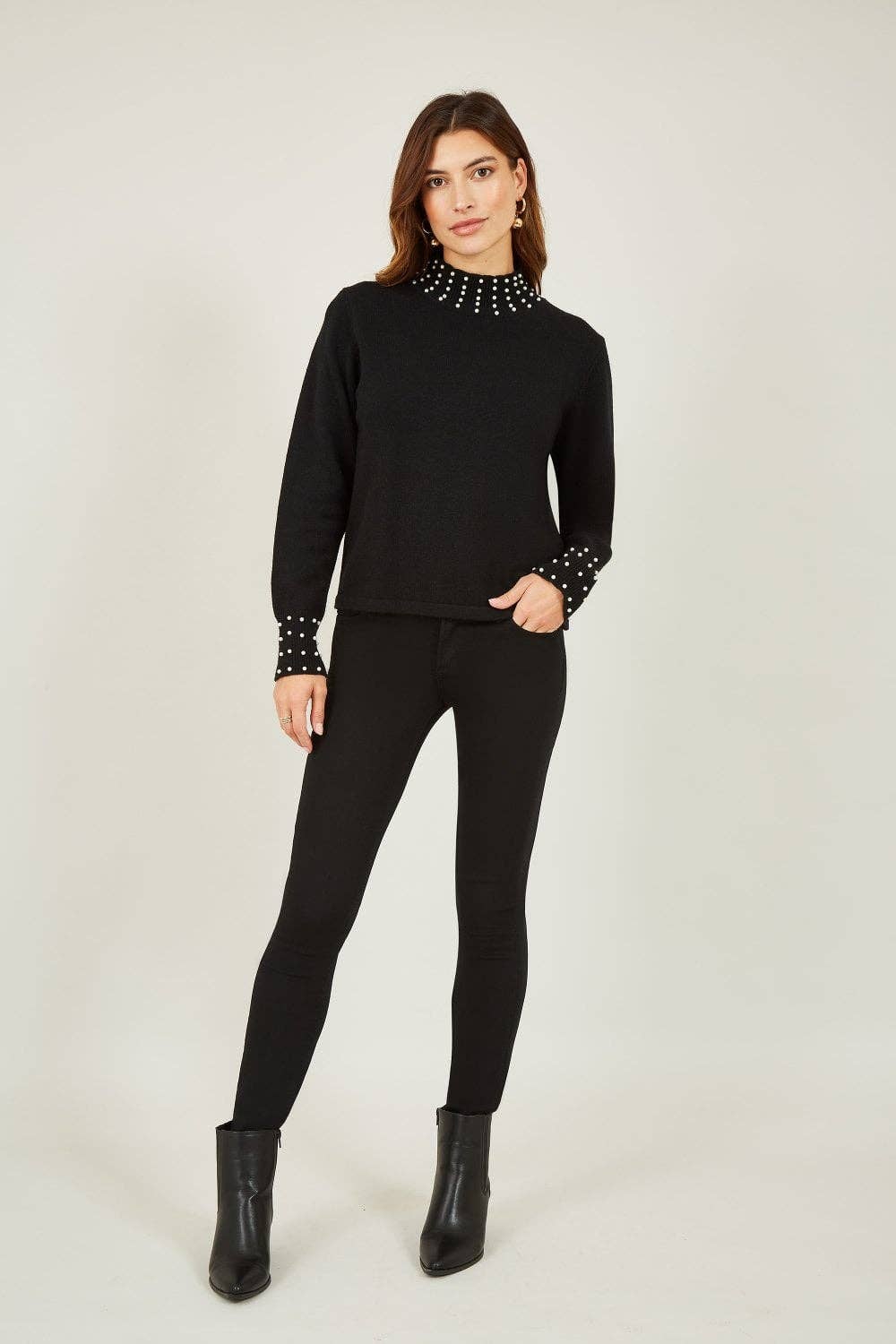 Yumi - Mela Black Pearl Detail High Neck Jumper: Black / L